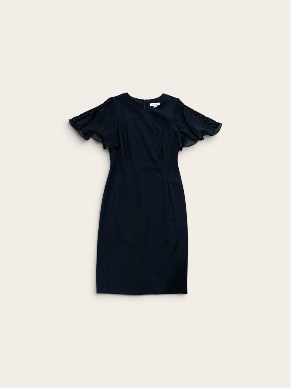 Calvin Klein Black Midi Sheath Dress with Flutter Sleeves